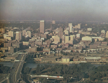 Grainy image from the 1980s of the Omaha skyline.